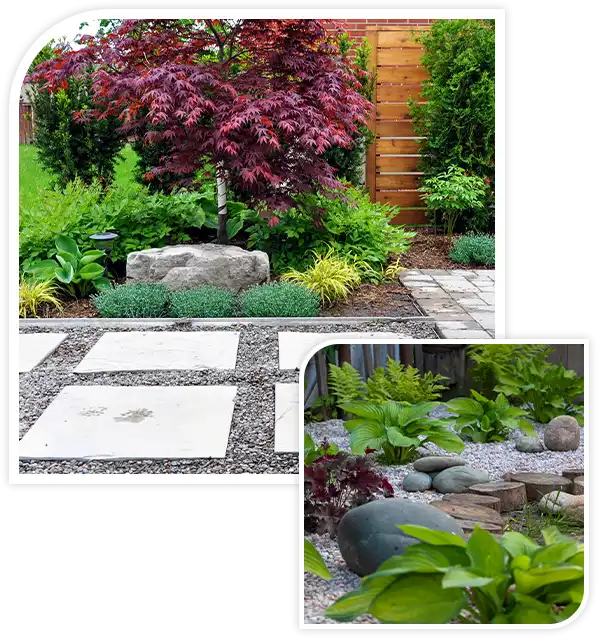Detail of a beautiful, modern Asian inspired Japanese garden with tumbled paver patio,