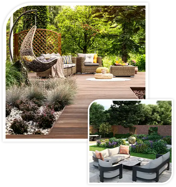 Beautiful wooden terrace with garden furniture surrounded by greenery on a warm, summer day