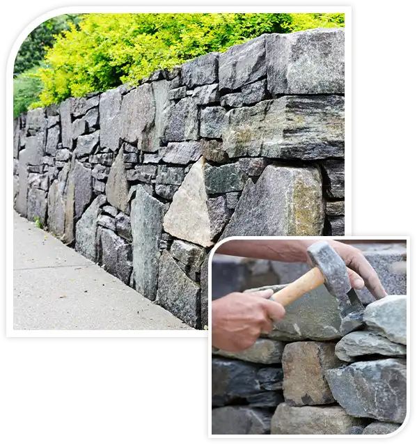 Close-up shot of a stonemason building a dry stone wall.